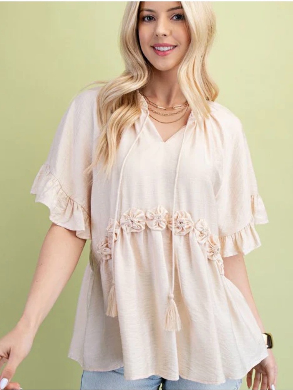 Boho Cream Ruffle Peasant Blouse with Tassel Tie
